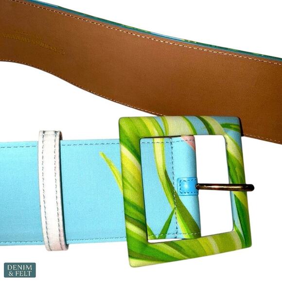 Carolina Herrera Floral Square-Buckle Icon Wide Belt Sky‎ Blue Leather L NEW main image 7